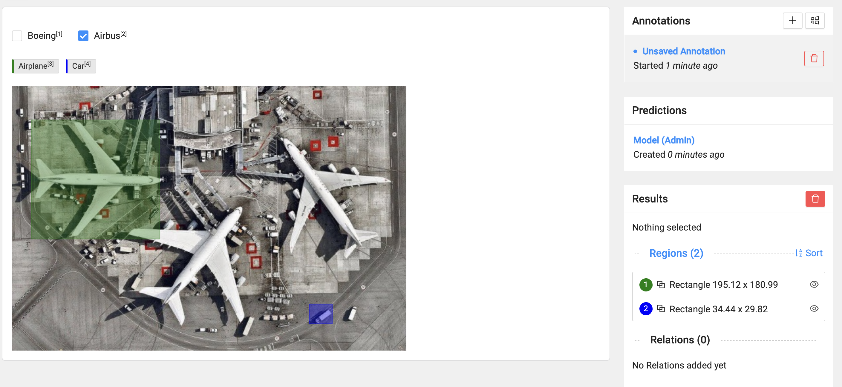 screenshot of the Label Studio UI showing an image of airplanes with bounding boxes covering each airplane.